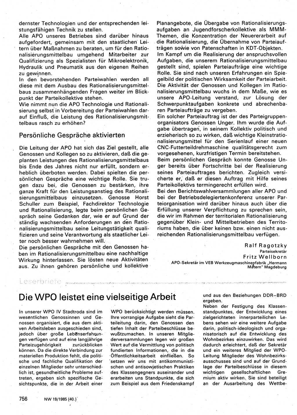 Neuer Weg (NW), Organ des Zentralkomitees (ZK) der SED (Sozialistische Einheitspartei Deutschlands) für Fragen des Parteilebens, 40. Jahrgang [Deutsche Demokratische Republik (DDR)] 1985, Seite 756 (NW ZK SED DDR 1985, S. 756)