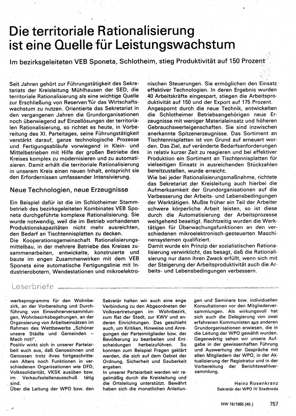 Neuer Weg (NW), Organ des Zentralkomitees (ZK) der SED (Sozialistische Einheitspartei Deutschlands) für Fragen des Parteilebens, 40. Jahrgang [Deutsche Demokratische Republik (DDR)] 1985, Seite 757 (NW ZK SED DDR 1985, S. 757)