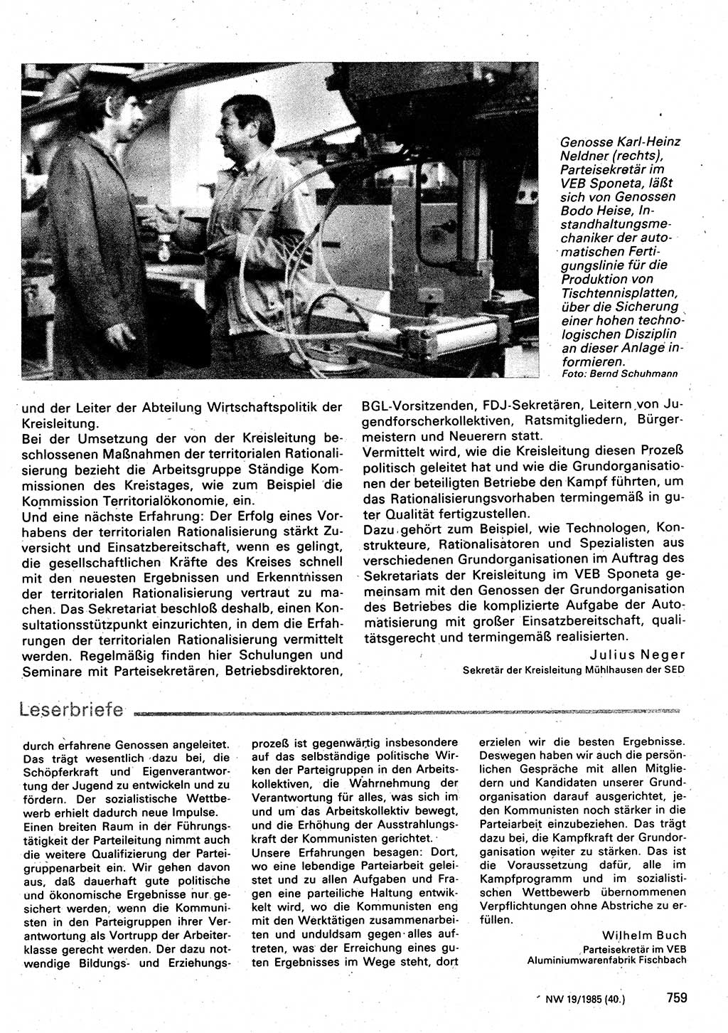 Neuer Weg (NW), Organ des Zentralkomitees (ZK) der SED (Sozialistische Einheitspartei Deutschlands) für Fragen des Parteilebens, 40. Jahrgang [Deutsche Demokratische Republik (DDR)] 1985, Seite 759 (NW ZK SED DDR 1985, S. 759)