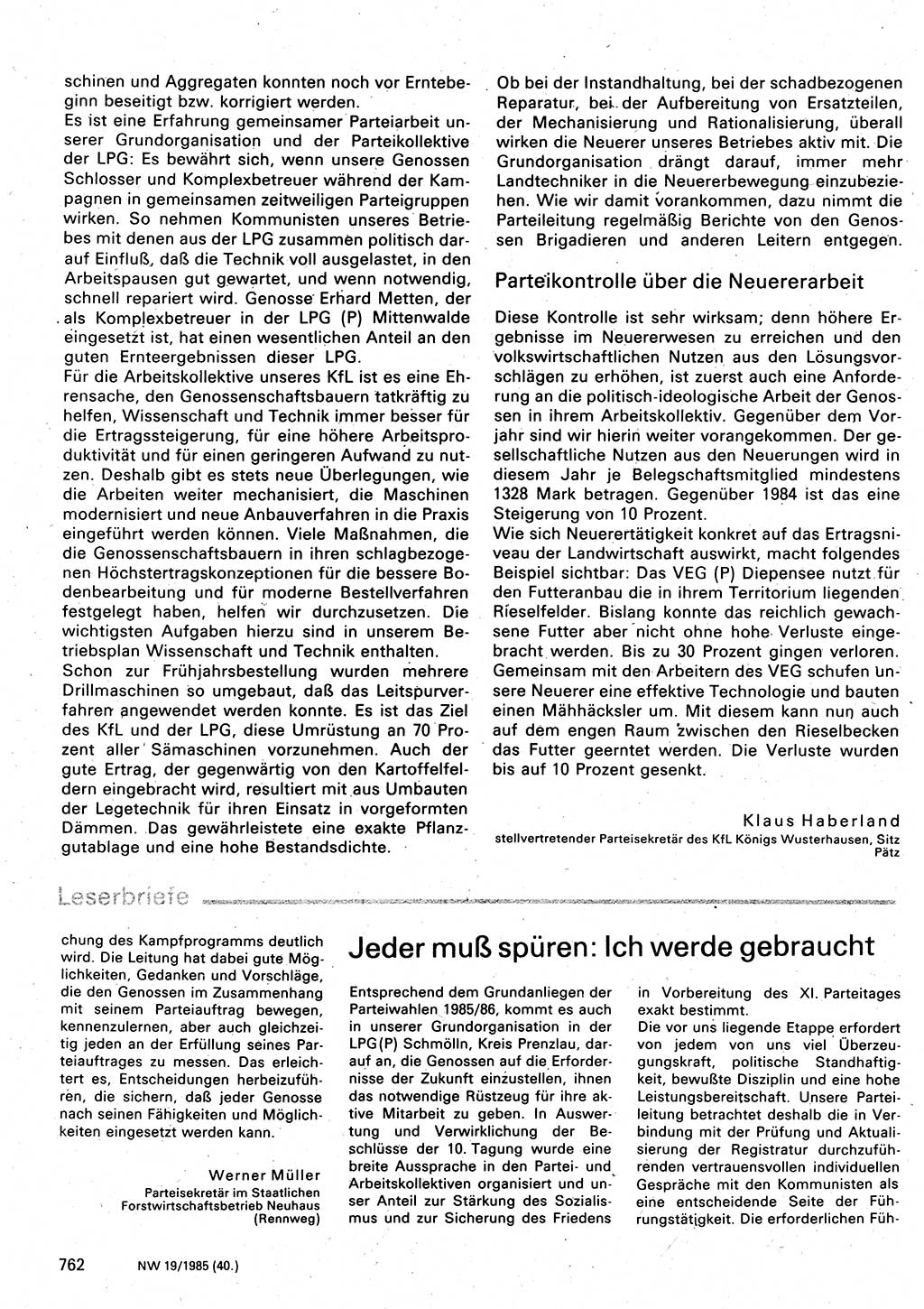 Neuer Weg (NW), Organ des Zentralkomitees (ZK) der SED (Sozialistische Einheitspartei Deutschlands) für Fragen des Parteilebens, 40. Jahrgang [Deutsche Demokratische Republik (DDR)] 1985, Seite 762 (NW ZK SED DDR 1985, S. 762)