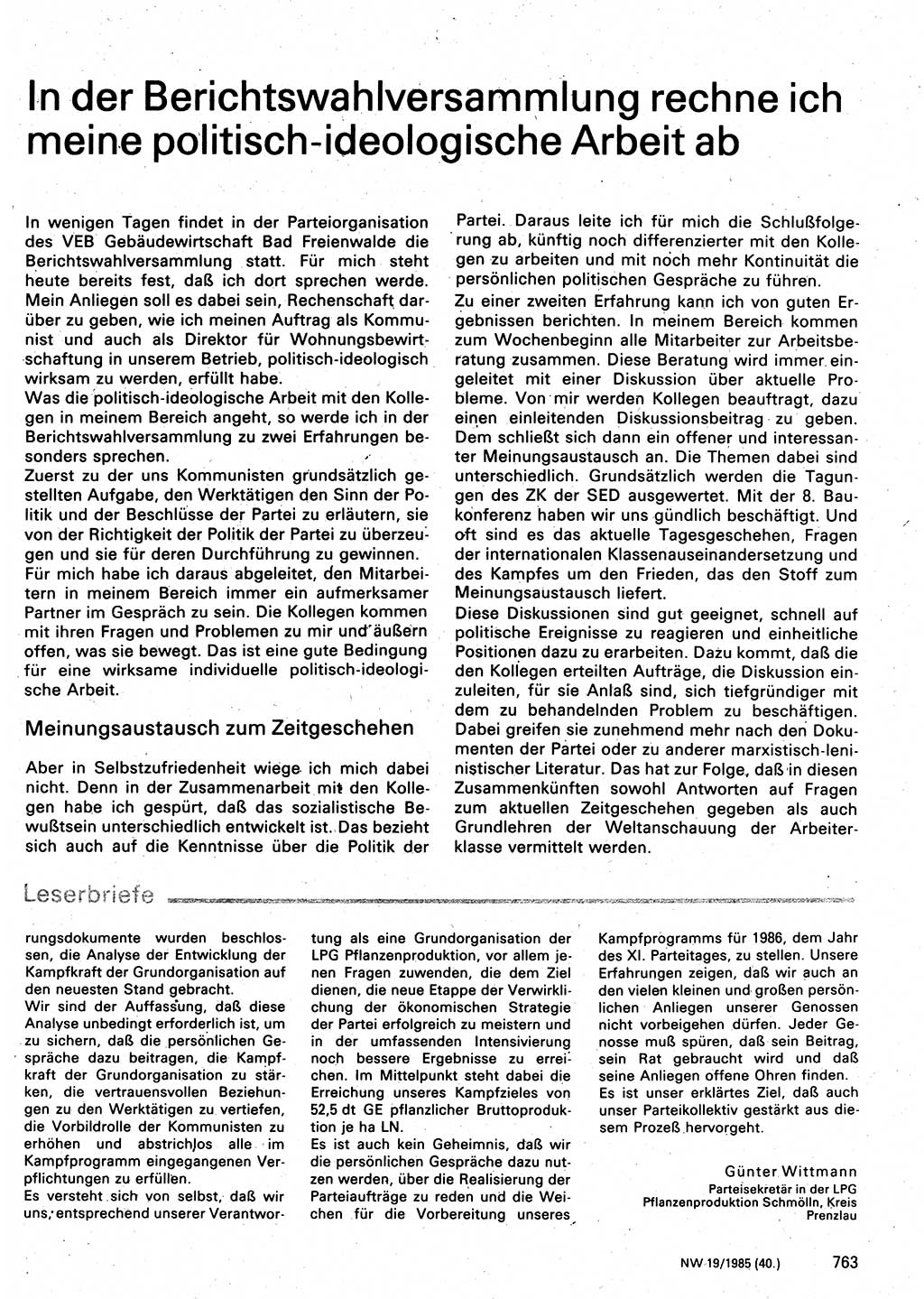 Neuer Weg (NW), Organ des Zentralkomitees (ZK) der SED (Sozialistische Einheitspartei Deutschlands) für Fragen des Parteilebens, 40. Jahrgang [Deutsche Demokratische Republik (DDR)] 1985, Seite 763 (NW ZK SED DDR 1985, S. 763)