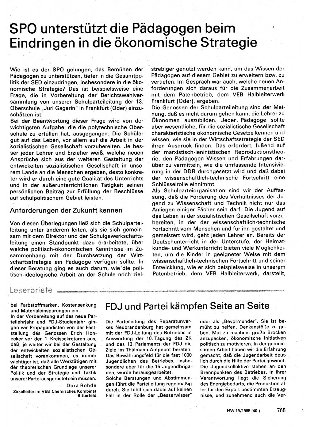 Neuer Weg (NW), Organ des Zentralkomitees (ZK) der SED (Sozialistische Einheitspartei Deutschlands) für Fragen des Parteilebens, 40. Jahrgang [Deutsche Demokratische Republik (DDR)] 1985, Seite 765 (NW ZK SED DDR 1985, S. 765)