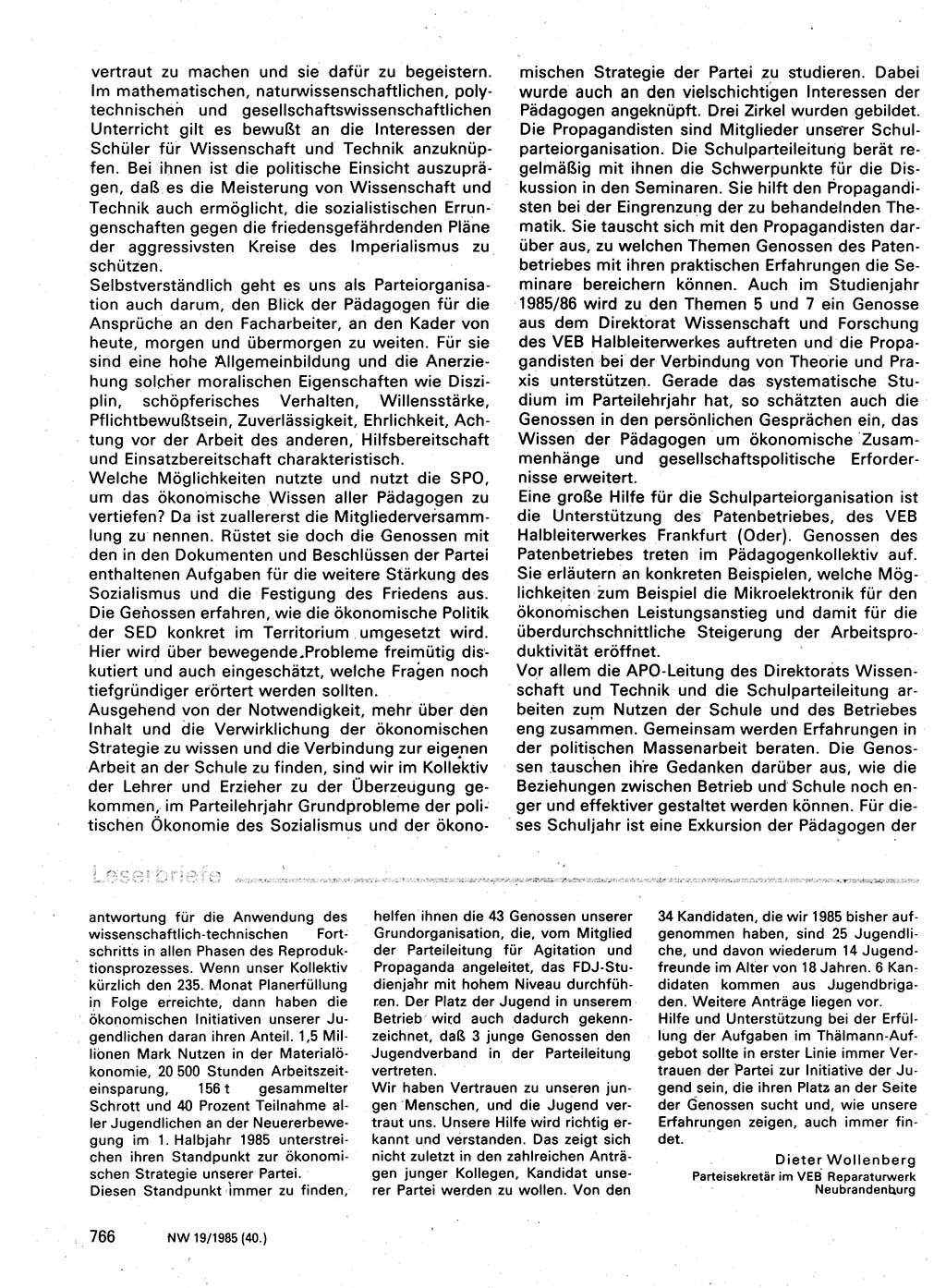 Neuer Weg (NW), Organ des Zentralkomitees (ZK) der SED (Sozialistische Einheitspartei Deutschlands) für Fragen des Parteilebens, 40. Jahrgang [Deutsche Demokratische Republik (DDR)] 1985, Seite 766 (NW ZK SED DDR 1985, S. 766)