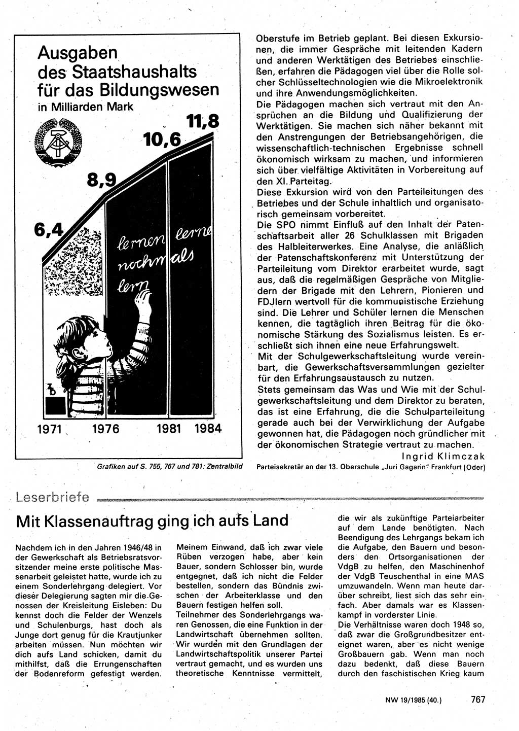Neuer Weg (NW), Organ des Zentralkomitees (ZK) der SED (Sozialistische Einheitspartei Deutschlands) für Fragen des Parteilebens, 40. Jahrgang [Deutsche Demokratische Republik (DDR)] 1985, Seite 767 (NW ZK SED DDR 1985, S. 767)