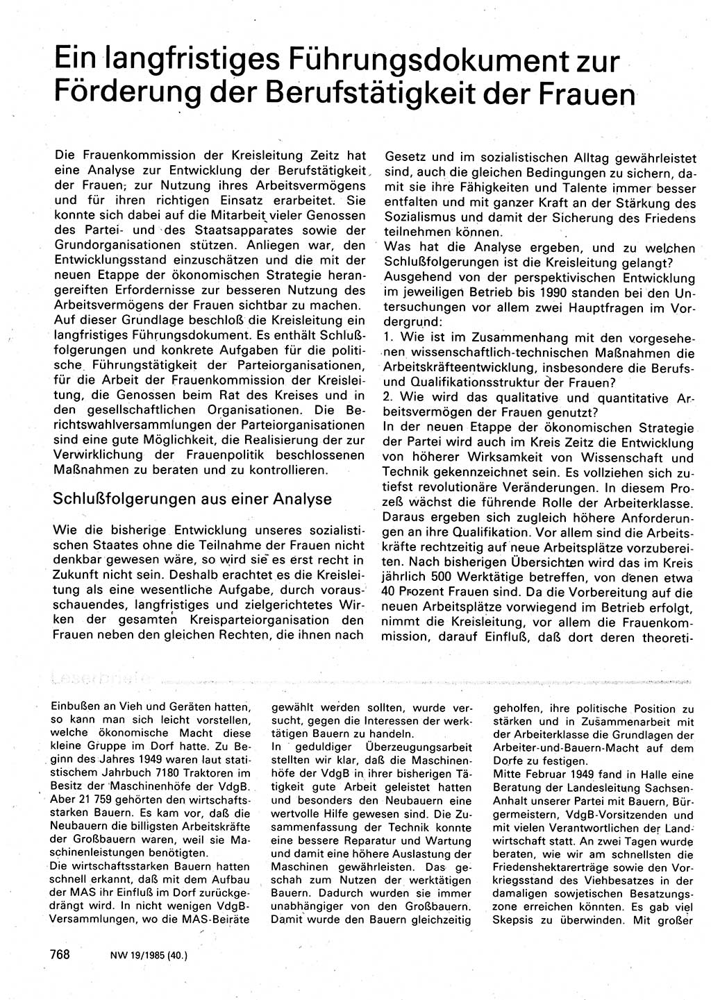 Neuer Weg (NW), Organ des Zentralkomitees (ZK) der SED (Sozialistische Einheitspartei Deutschlands) für Fragen des Parteilebens, 40. Jahrgang [Deutsche Demokratische Republik (DDR)] 1985, Seite 768 (NW ZK SED DDR 1985, S. 768)