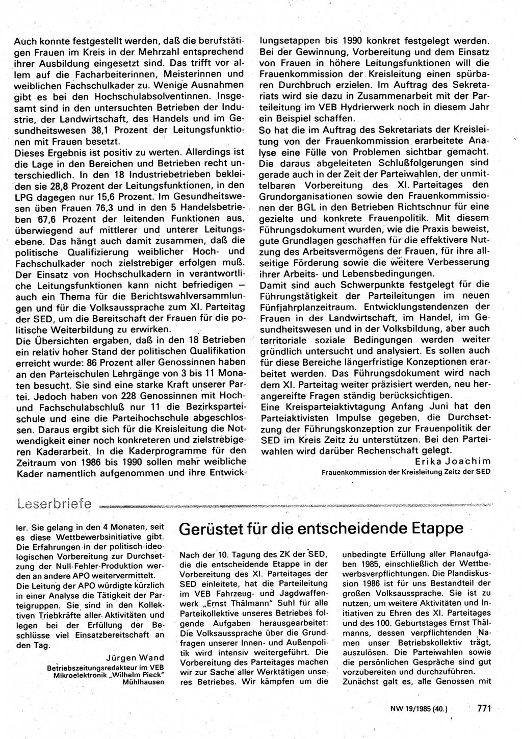 Neuer Weg (NW), Organ des Zentralkomitees (ZK) der SED (Sozialistische Einheitspartei Deutschlands) für Fragen des Parteilebens, 40. Jahrgang [Deutsche Demokratische Republik (DDR)] 1985, Seite 771 (NW ZK SED DDR 1985, S. 771)