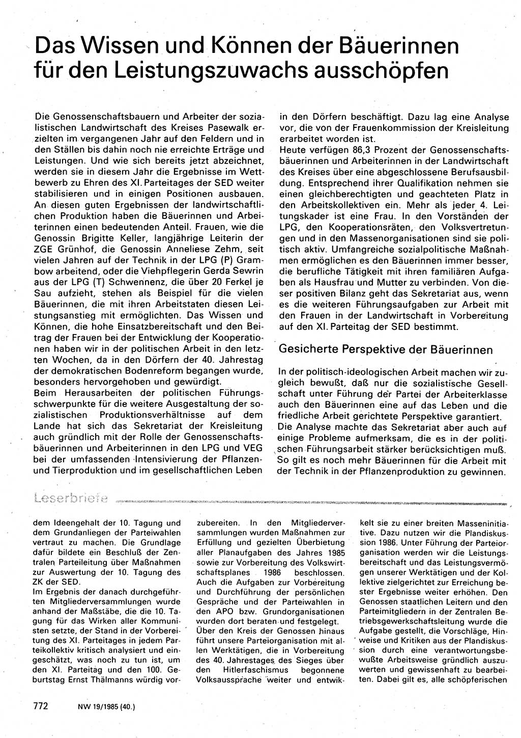 Neuer Weg (NW), Organ des Zentralkomitees (ZK) der SED (Sozialistische Einheitspartei Deutschlands) für Fragen des Parteilebens, 40. Jahrgang [Deutsche Demokratische Republik (DDR)] 1985, Seite 772 (NW ZK SED DDR 1985, S. 772)