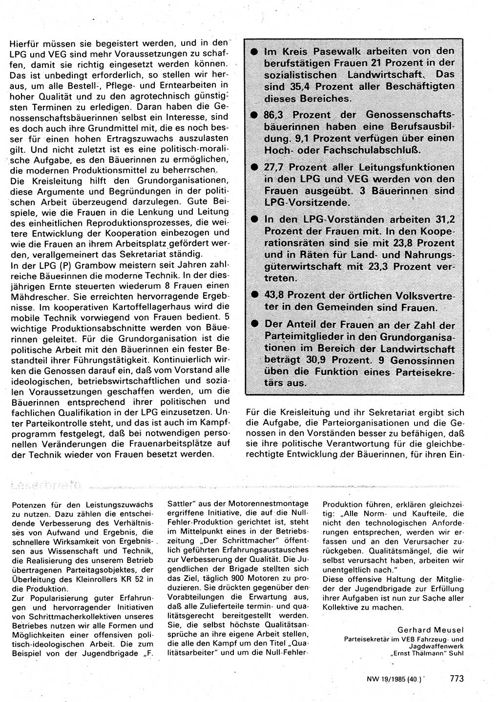 Neuer Weg (NW), Organ des Zentralkomitees (ZK) der SED (Sozialistische Einheitspartei Deutschlands) für Fragen des Parteilebens, 40. Jahrgang [Deutsche Demokratische Republik (DDR)] 1985, Seite 773 (NW ZK SED DDR 1985, S. 773)