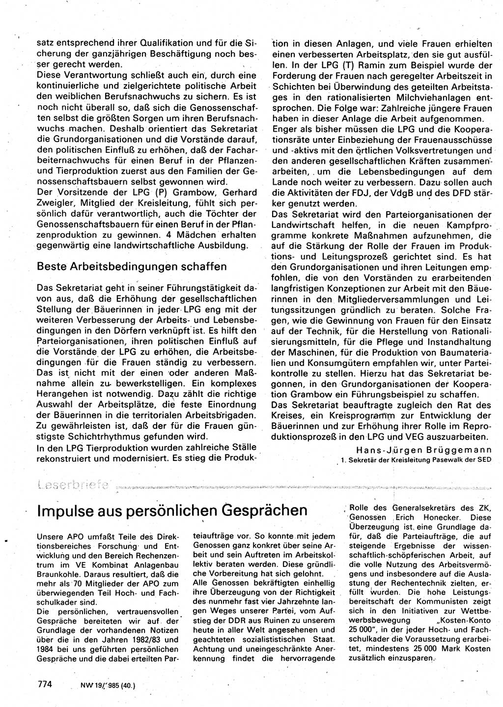 Neuer Weg (NW), Organ des Zentralkomitees (ZK) der SED (Sozialistische Einheitspartei Deutschlands) für Fragen des Parteilebens, 40. Jahrgang [Deutsche Demokratische Republik (DDR)] 1985, Seite 774 (NW ZK SED DDR 1985, S. 774)