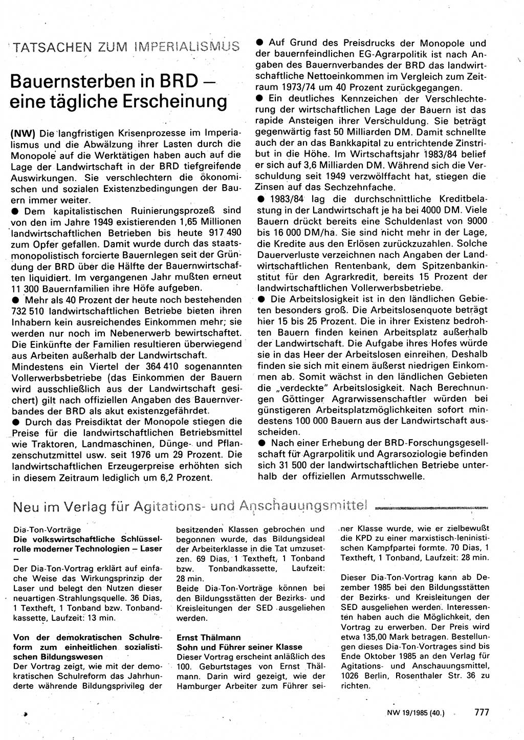 Neuer Weg (NW), Organ des Zentralkomitees (ZK) der SED (Sozialistische Einheitspartei Deutschlands) für Fragen des Parteilebens, 40. Jahrgang [Deutsche Demokratische Republik (DDR)] 1985, Seite 777 (NW ZK SED DDR 1985, S. 777)