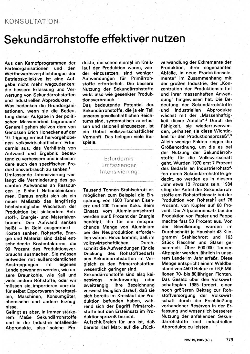Neuer Weg (NW), Organ des Zentralkomitees (ZK) der SED (Sozialistische Einheitspartei Deutschlands) für Fragen des Parteilebens, 40. Jahrgang [Deutsche Demokratische Republik (DDR)] 1985, Seite 779 (NW ZK SED DDR 1985, S. 779)