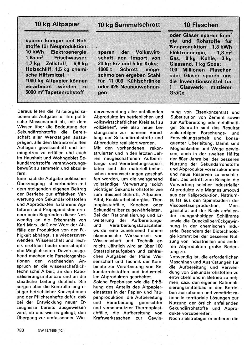 Neuer Weg (NW), Organ des Zentralkomitees (ZK) der SED (Sozialistische Einheitspartei Deutschlands) für Fragen des Parteilebens, 40. Jahrgang [Deutsche Demokratische Republik (DDR)] 1985, Seite 780 (NW ZK SED DDR 1985, S. 780)