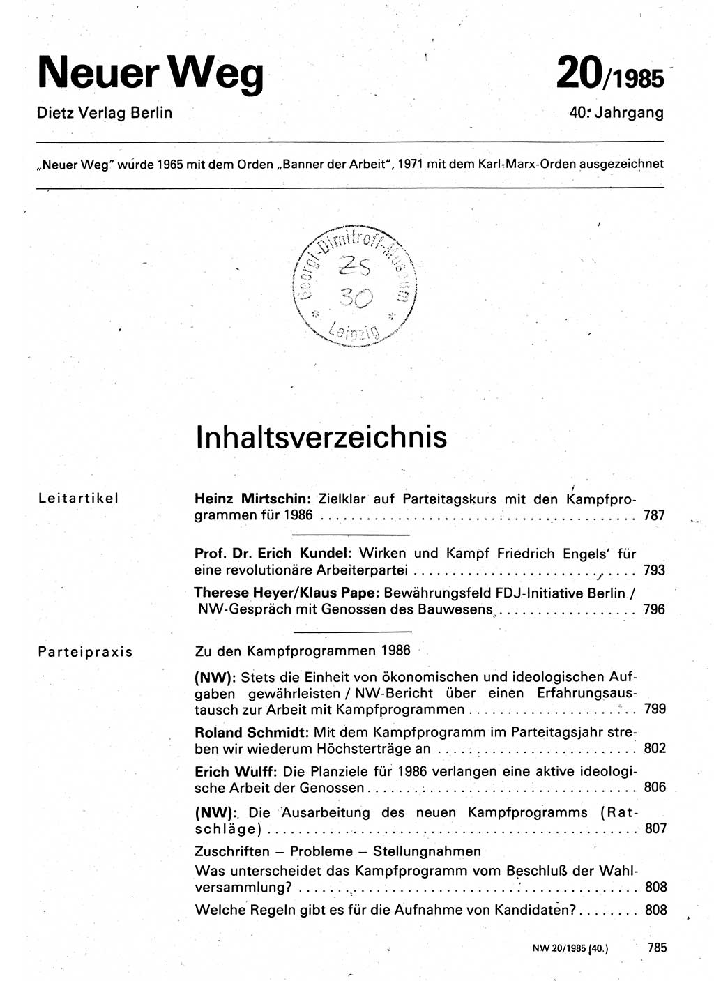 Neuer Weg (NW), Organ des Zentralkomitees (ZK) der SED (Sozialistische Einheitspartei Deutschlands) für Fragen des Parteilebens, 40. Jahrgang [Deutsche Demokratische Republik (DDR)] 1985, Seite 785 (NW ZK SED DDR 1985, S. 785)