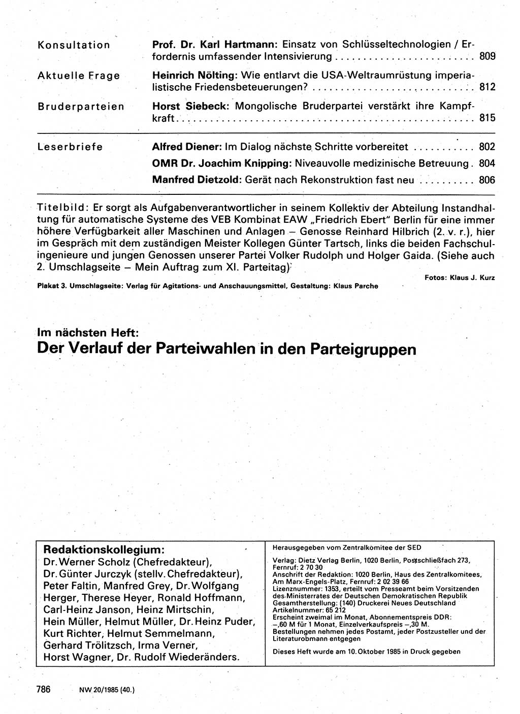 Neuer Weg (NW), Organ des Zentralkomitees (ZK) der SED (Sozialistische Einheitspartei Deutschlands) für Fragen des Parteilebens, 40. Jahrgang [Deutsche Demokratische Republik (DDR)] 1985, Seite 786 (NW ZK SED DDR 1985, S. 786)