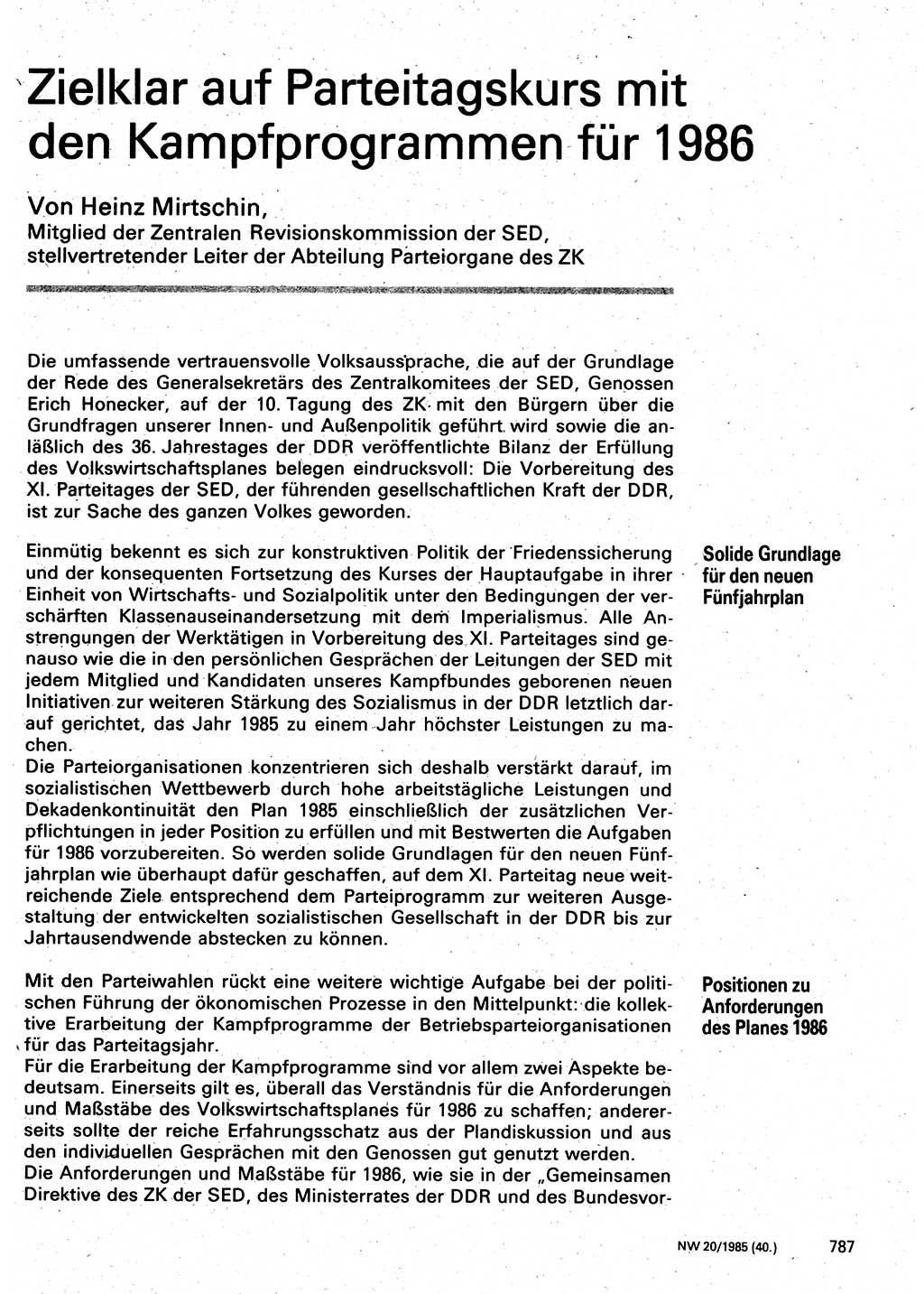 Neuer Weg (NW), Organ des Zentralkomitees (ZK) der SED (Sozialistische Einheitspartei Deutschlands) für Fragen des Parteilebens, 40. Jahrgang [Deutsche Demokratische Republik (DDR)] 1985, Seite 787 (NW ZK SED DDR 1985, S. 787)