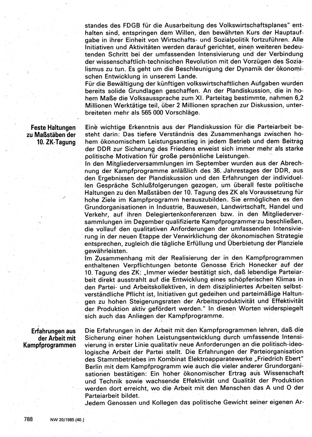 Neuer Weg (NW), Organ des Zentralkomitees (ZK) der SED (Sozialistische Einheitspartei Deutschlands) für Fragen des Parteilebens, 40. Jahrgang [Deutsche Demokratische Republik (DDR)] 1985, Seite 788 (NW ZK SED DDR 1985, S. 788)