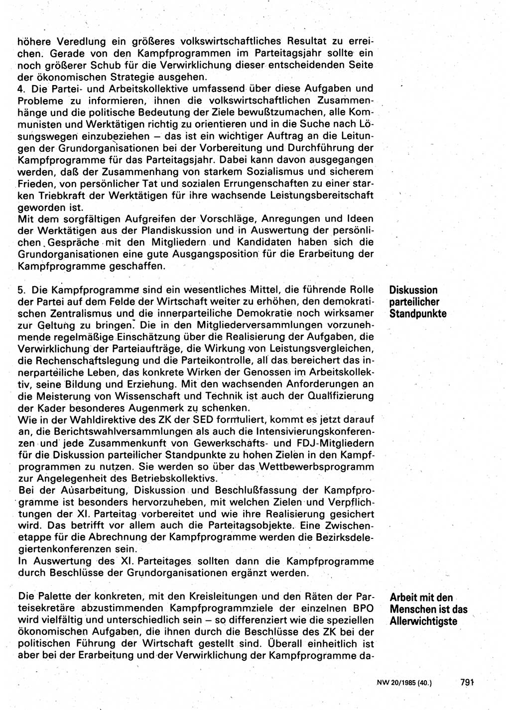Neuer Weg (NW), Organ des Zentralkomitees (ZK) der SED (Sozialistische Einheitspartei Deutschlands) für Fragen des Parteilebens, 40. Jahrgang [Deutsche Demokratische Republik (DDR)] 1985, Seite 791 (NW ZK SED DDR 1985, S. 791)