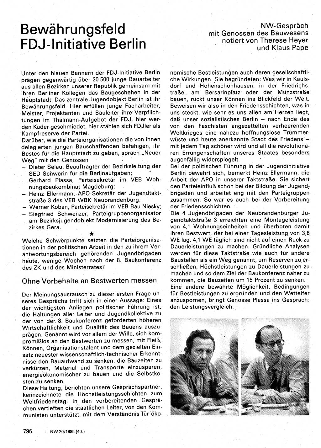 Neuer Weg (NW), Organ des Zentralkomitees (ZK) der SED (Sozialistische Einheitspartei Deutschlands) für Fragen des Parteilebens, 40. Jahrgang [Deutsche Demokratische Republik (DDR)] 1985, Seite 796 (NW ZK SED DDR 1985, S. 796)