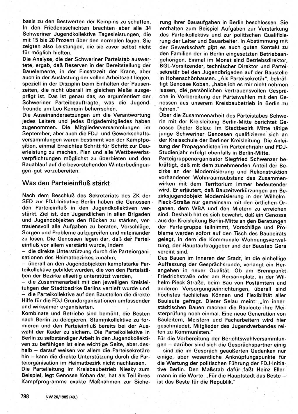 Neuer Weg (NW), Organ des Zentralkomitees (ZK) der SED (Sozialistische Einheitspartei Deutschlands) für Fragen des Parteilebens, 40. Jahrgang [Deutsche Demokratische Republik (DDR)] 1985, Seite 798 (NW ZK SED DDR 1985, S. 798)