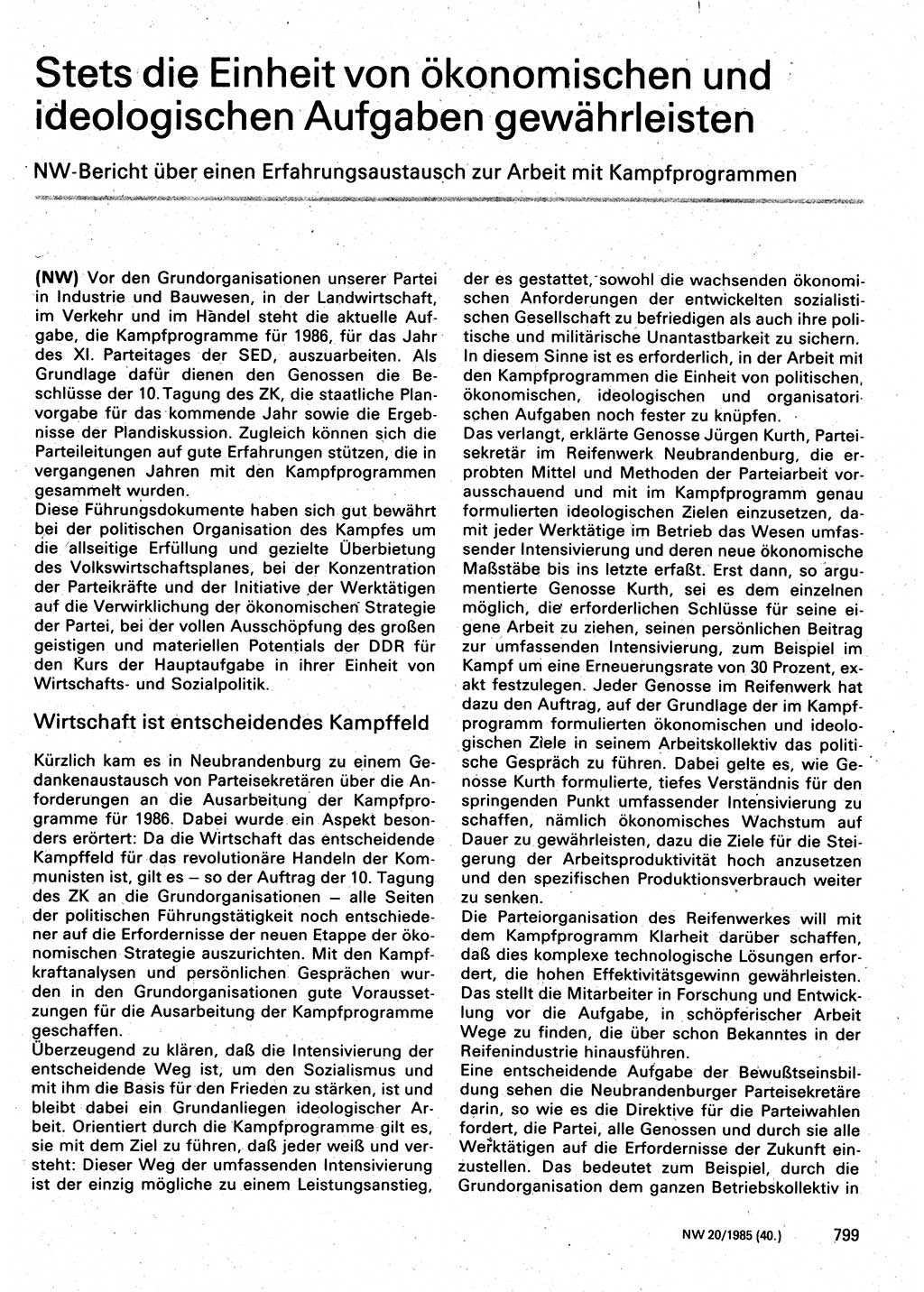Neuer Weg (NW), Organ des Zentralkomitees (ZK) der SED (Sozialistische Einheitspartei Deutschlands) für Fragen des Parteilebens, 40. Jahrgang [Deutsche Demokratische Republik (DDR)] 1985, Seite 799 (NW ZK SED DDR 1985, S. 799)