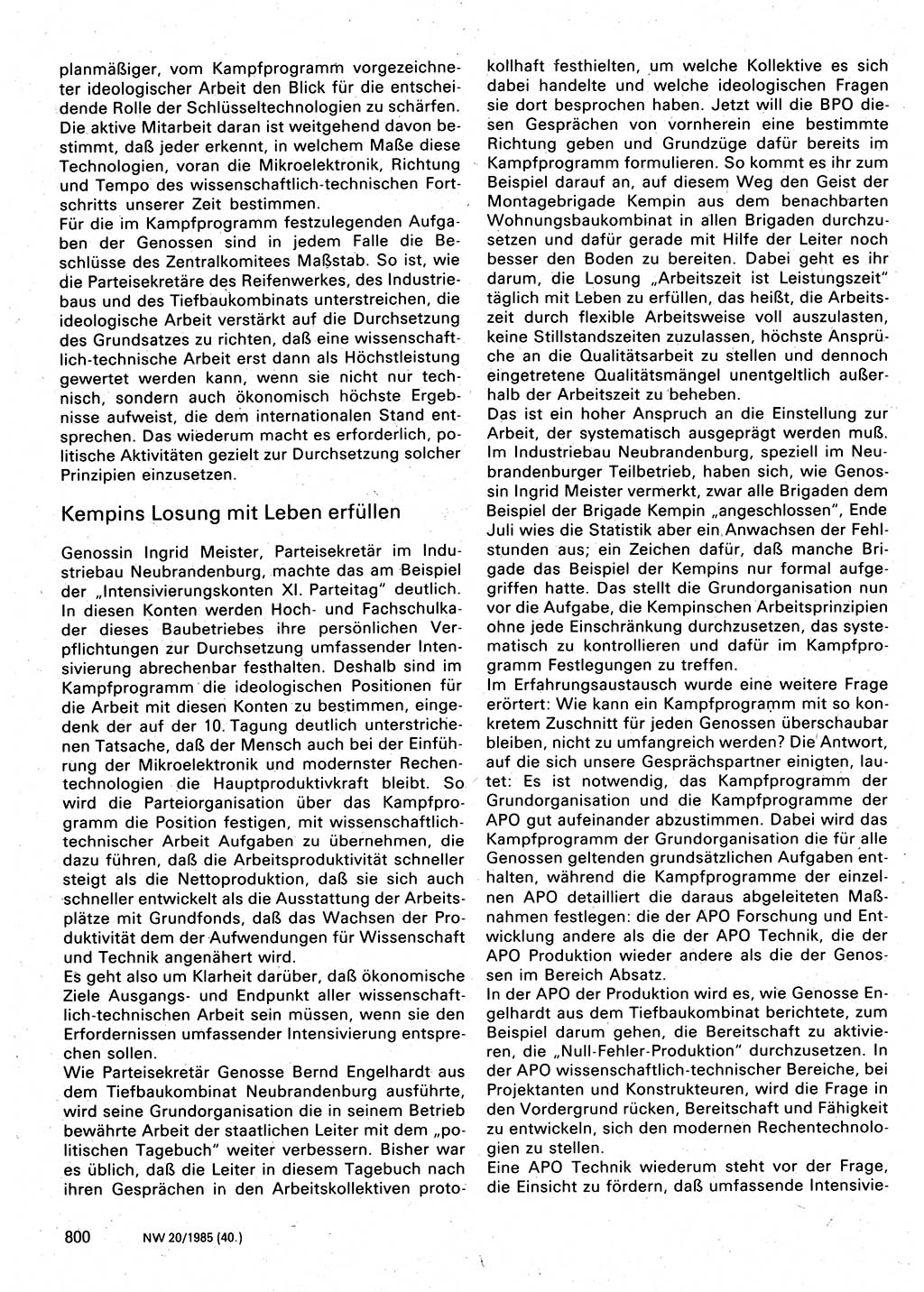 Neuer Weg (NW), Organ des Zentralkomitees (ZK) der SED (Sozialistische Einheitspartei Deutschlands) für Fragen des Parteilebens, 40. Jahrgang [Deutsche Demokratische Republik (DDR)] 1985, Seite 800 (NW ZK SED DDR 1985, S. 800)