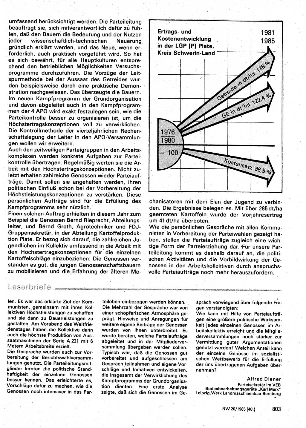Neuer Weg (NW), Organ des Zentralkomitees (ZK) der SED (Sozialistische Einheitspartei Deutschlands) für Fragen des Parteilebens, 40. Jahrgang [Deutsche Demokratische Republik (DDR)] 1985, Seite 803 (NW ZK SED DDR 1985, S. 803)