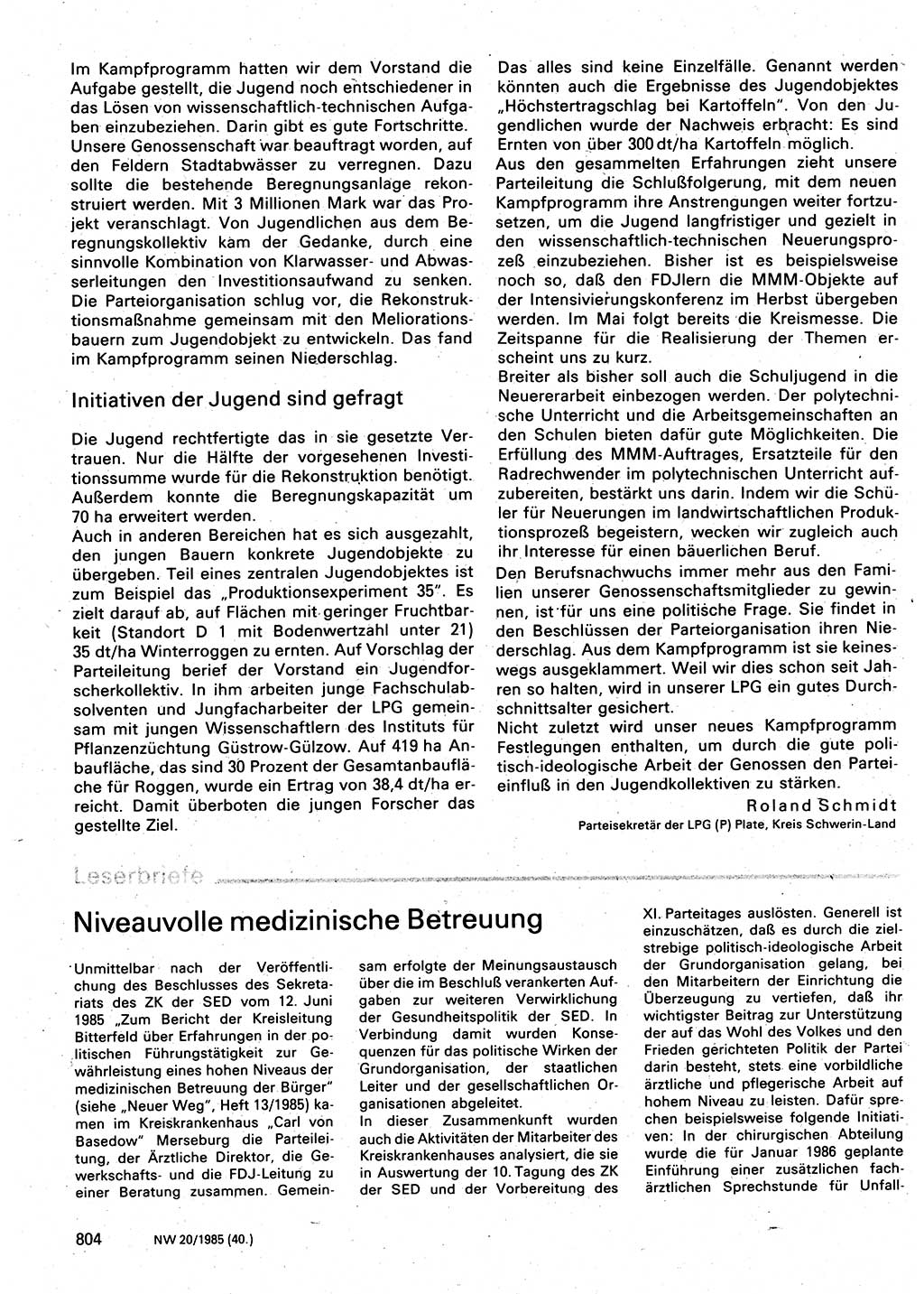 Neuer Weg (NW), Organ des Zentralkomitees (ZK) der SED (Sozialistische Einheitspartei Deutschlands) für Fragen des Parteilebens, 40. Jahrgang [Deutsche Demokratische Republik (DDR)] 1985, Seite 804 (NW ZK SED DDR 1985, S. 804)