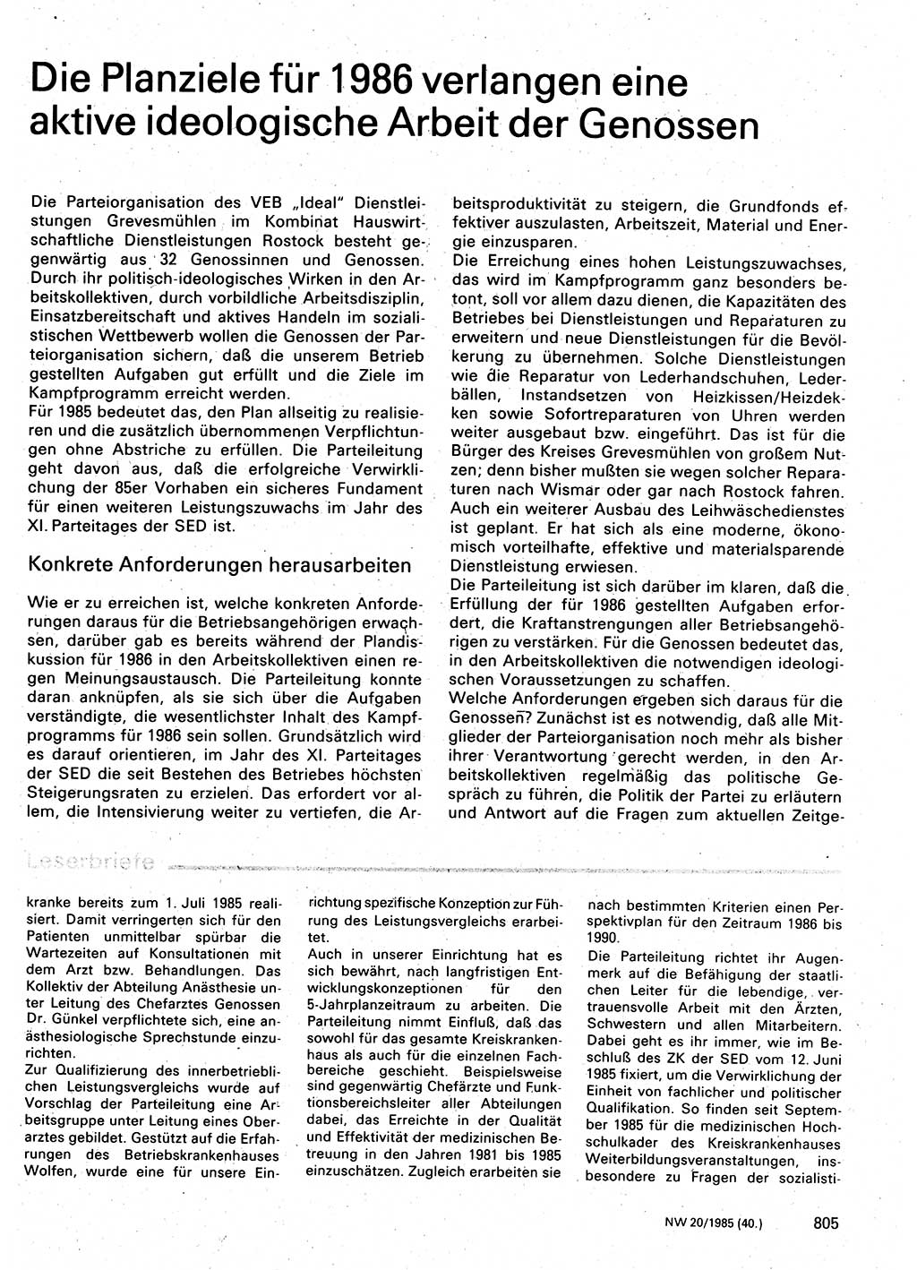 Neuer Weg (NW), Organ des Zentralkomitees (ZK) der SED (Sozialistische Einheitspartei Deutschlands) für Fragen des Parteilebens, 40. Jahrgang [Deutsche Demokratische Republik (DDR)] 1985, Seite 805 (NW ZK SED DDR 1985, S. 805)