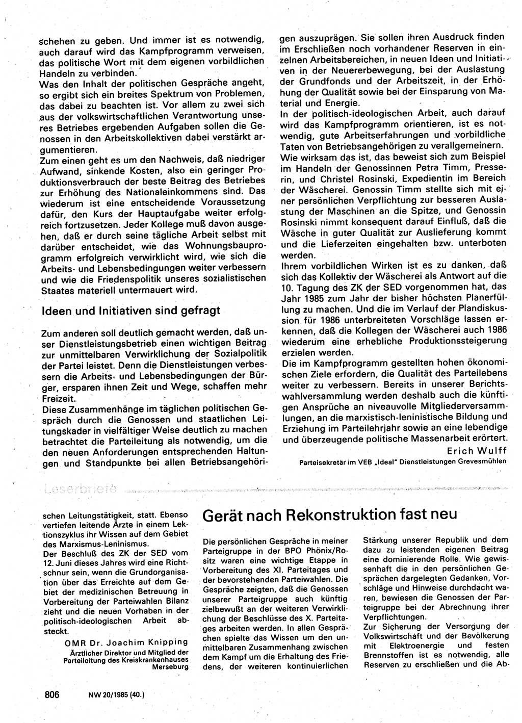 Neuer Weg (NW), Organ des Zentralkomitees (ZK) der SED (Sozialistische Einheitspartei Deutschlands) für Fragen des Parteilebens, 40. Jahrgang [Deutsche Demokratische Republik (DDR)] 1985, Seite 806 (NW ZK SED DDR 1985, S. 806)