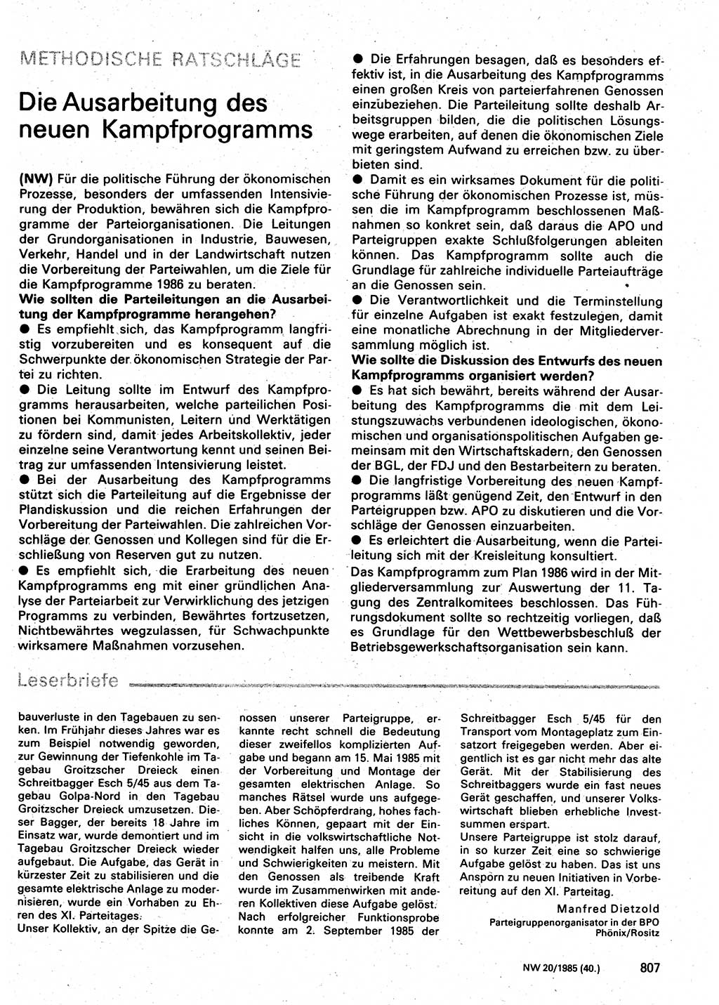 Neuer Weg (NW), Organ des Zentralkomitees (ZK) der SED (Sozialistische Einheitspartei Deutschlands) für Fragen des Parteilebens, 40. Jahrgang [Deutsche Demokratische Republik (DDR)] 1985, Seite 807 (NW ZK SED DDR 1985, S. 807)