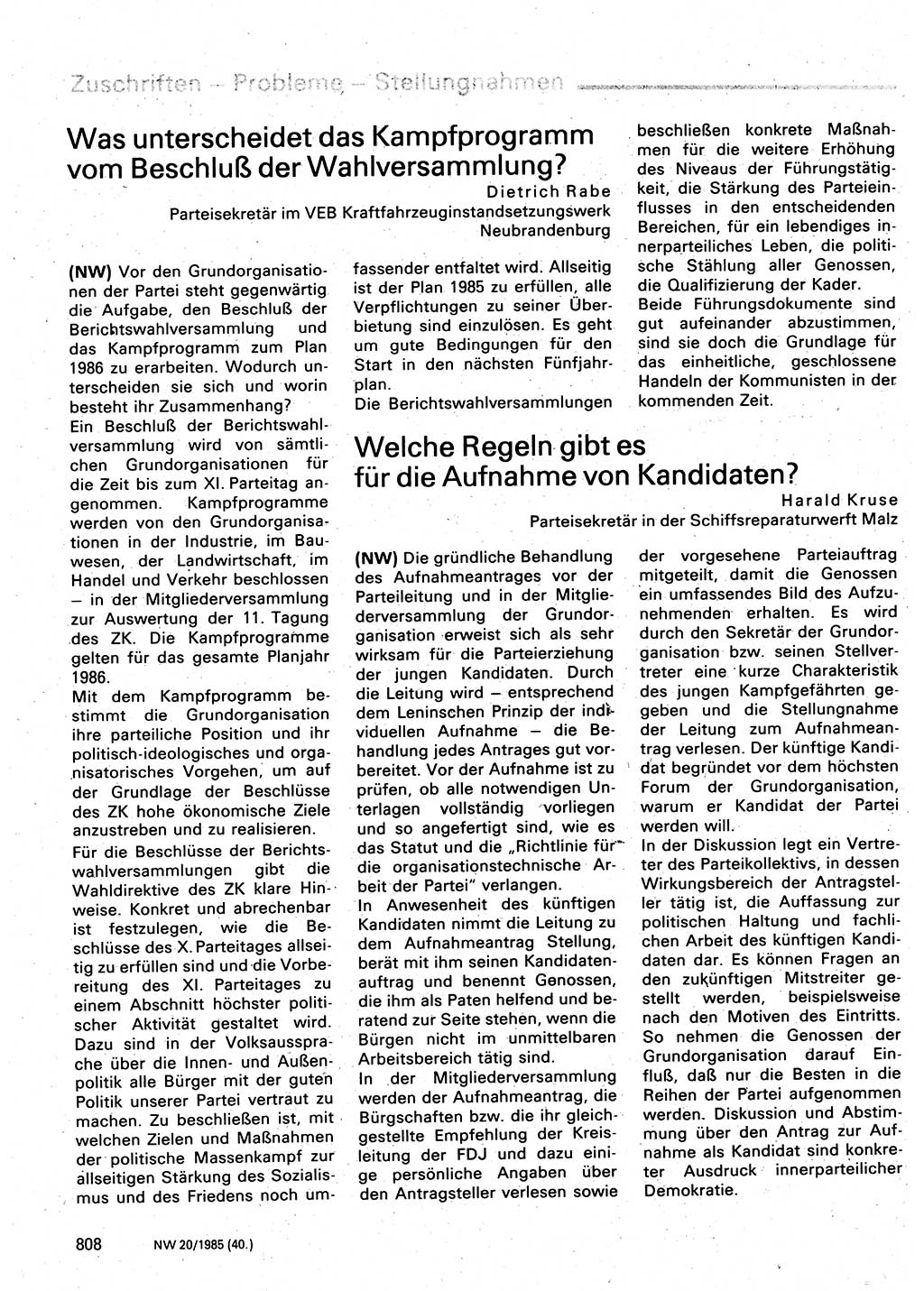 Neuer Weg (NW), Organ des Zentralkomitees (ZK) der SED (Sozialistische Einheitspartei Deutschlands) für Fragen des Parteilebens, 40. Jahrgang [Deutsche Demokratische Republik (DDR)] 1985, Seite 808 (NW ZK SED DDR 1985, S. 808)