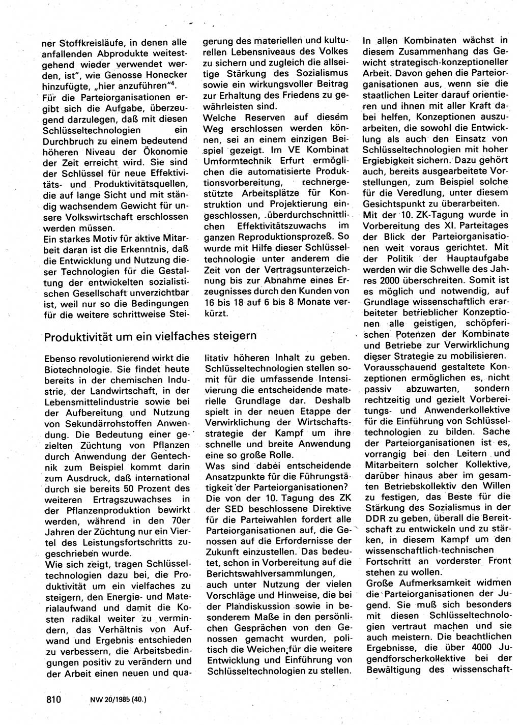 Neuer Weg (NW), Organ des Zentralkomitees (ZK) der SED (Sozialistische Einheitspartei Deutschlands) für Fragen des Parteilebens, 40. Jahrgang [Deutsche Demokratische Republik (DDR)] 1985, Seite 810 (NW ZK SED DDR 1985, S. 810)