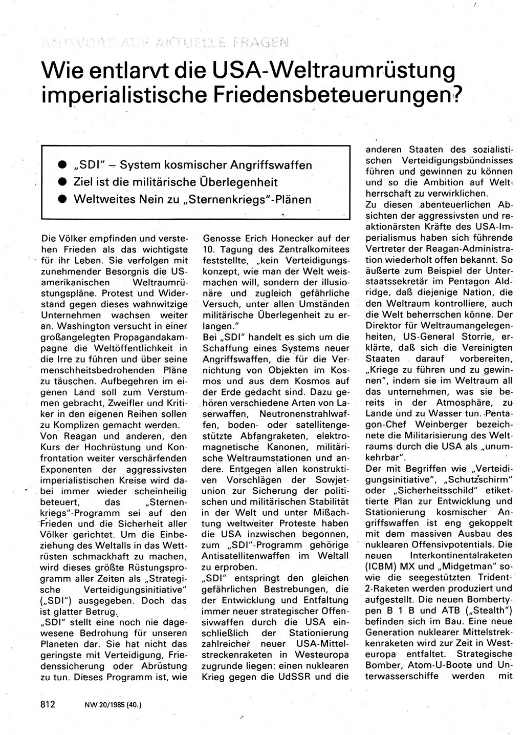Neuer Weg (NW), Organ des Zentralkomitees (ZK) der SED (Sozialistische Einheitspartei Deutschlands) für Fragen des Parteilebens, 40. Jahrgang [Deutsche Demokratische Republik (DDR)] 1985, Seite 812 (NW ZK SED DDR 1985, S. 812)
