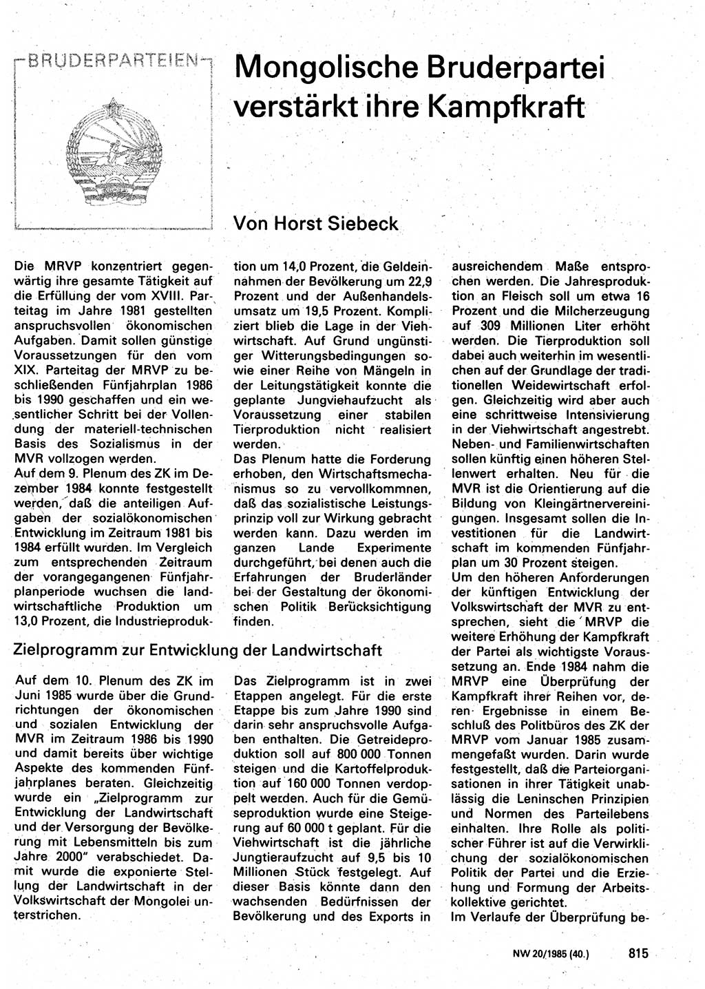 Neuer Weg (NW), Organ des Zentralkomitees (ZK) der SED (Sozialistische Einheitspartei Deutschlands) für Fragen des Parteilebens, 40. Jahrgang [Deutsche Demokratische Republik (DDR)] 1985, Seite 815 (NW ZK SED DDR 1985, S. 815)