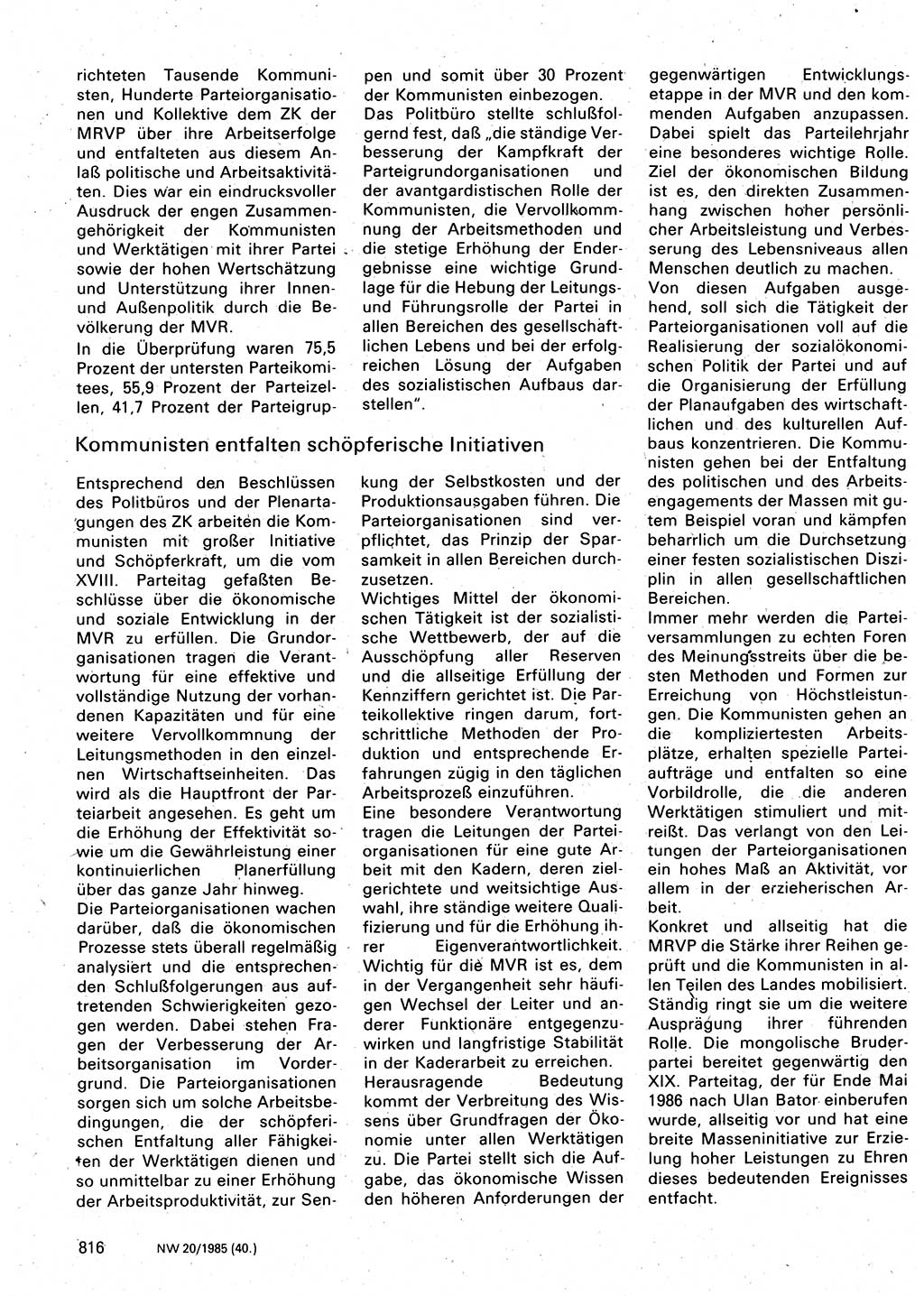 Neuer Weg (NW), Organ des Zentralkomitees (ZK) der SED (Sozialistische Einheitspartei Deutschlands) für Fragen des Parteilebens, 40. Jahrgang [Deutsche Demokratische Republik (DDR)] 1985, Seite 816 (NW ZK SED DDR 1985, S. 816)