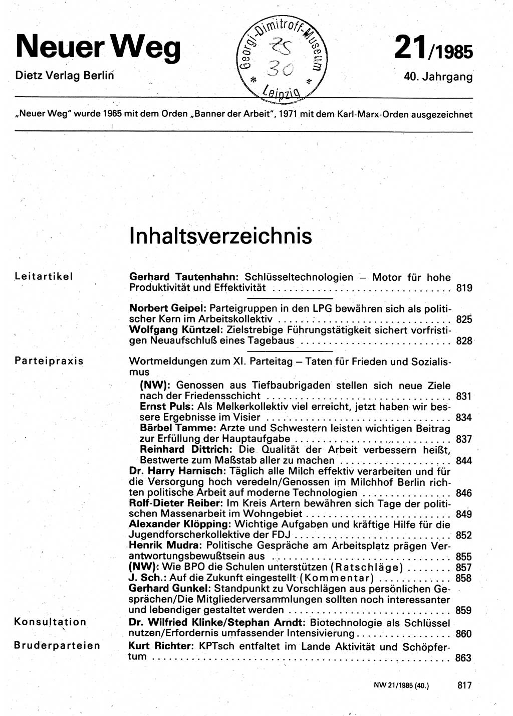 Neuer Weg (NW), Organ des Zentralkomitees (ZK) der SED (Sozialistische Einheitspartei Deutschlands) für Fragen des Parteilebens, 40. Jahrgang [Deutsche Demokratische Republik (DDR)] 1985, Seite 817 (NW ZK SED DDR 1985, S. 817)