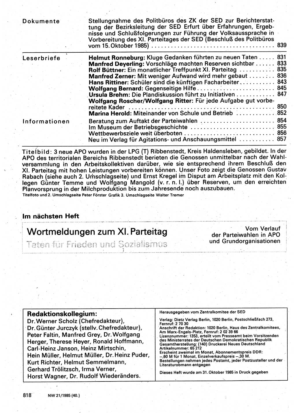 Neuer Weg (NW), Organ des Zentralkomitees (ZK) der SED (Sozialistische Einheitspartei Deutschlands) für Fragen des Parteilebens, 40. Jahrgang [Deutsche Demokratische Republik (DDR)] 1985, Seite 818 (NW ZK SED DDR 1985, S. 818)
