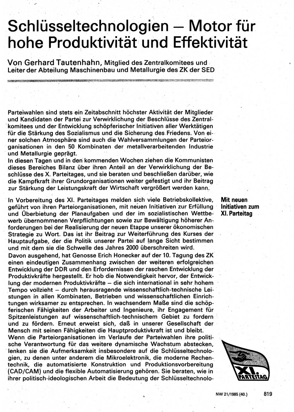 Neuer Weg (NW), Organ des Zentralkomitees (ZK) der SED (Sozialistische Einheitspartei Deutschlands) für Fragen des Parteilebens, 40. Jahrgang [Deutsche Demokratische Republik (DDR)] 1985, Seite 819 (NW ZK SED DDR 1985, S. 819)