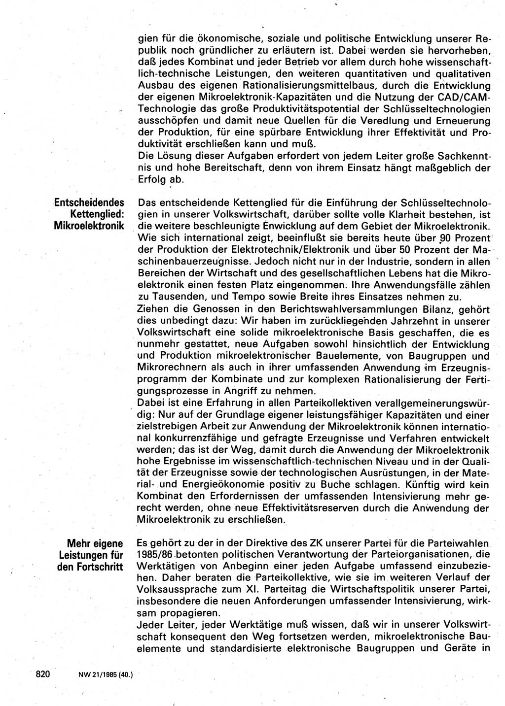Neuer Weg (NW), Organ des Zentralkomitees (ZK) der SED (Sozialistische Einheitspartei Deutschlands) für Fragen des Parteilebens, 40. Jahrgang [Deutsche Demokratische Republik (DDR)] 1985, Seite 820 (NW ZK SED DDR 1985, S. 820)