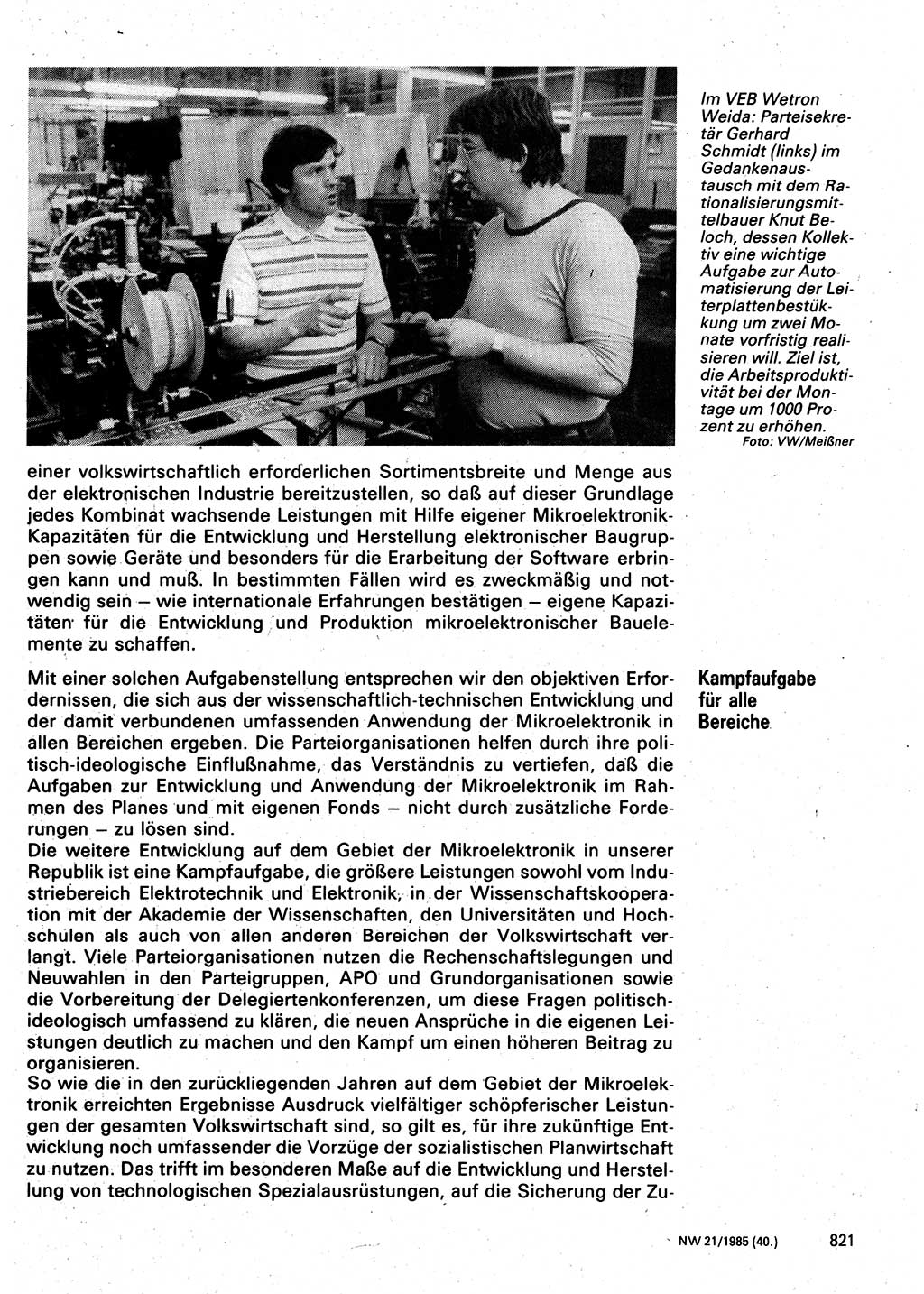 Neuer Weg (NW), Organ des Zentralkomitees (ZK) der SED (Sozialistische Einheitspartei Deutschlands) für Fragen des Parteilebens, 40. Jahrgang [Deutsche Demokratische Republik (DDR)] 1985, Seite 821 (NW ZK SED DDR 1985, S. 821)