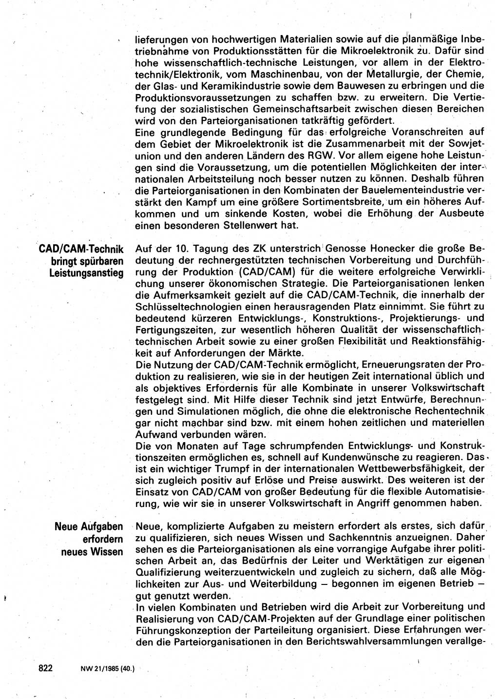 Neuer Weg (NW), Organ des Zentralkomitees (ZK) der SED (Sozialistische Einheitspartei Deutschlands) für Fragen des Parteilebens, 40. Jahrgang [Deutsche Demokratische Republik (DDR)] 1985, Seite 822 (NW ZK SED DDR 1985, S. 822)