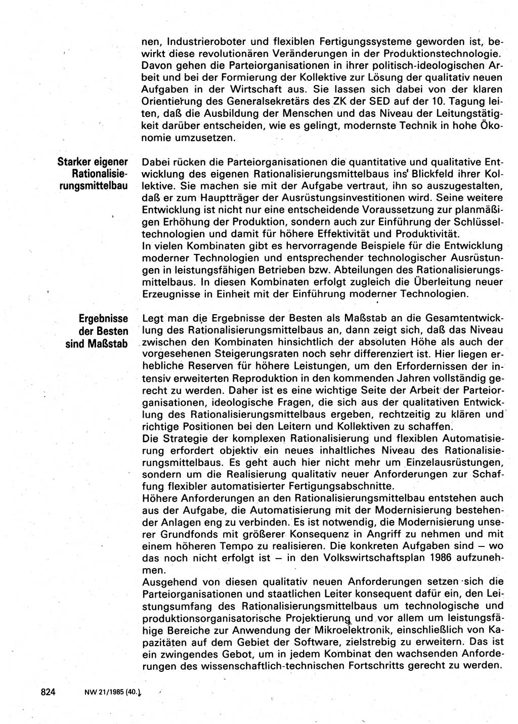 Neuer Weg (NW), Organ des Zentralkomitees (ZK) der SED (Sozialistische Einheitspartei Deutschlands) für Fragen des Parteilebens, 40. Jahrgang [Deutsche Demokratische Republik (DDR)] 1985, Seite 824 (NW ZK SED DDR 1985, S. 824)