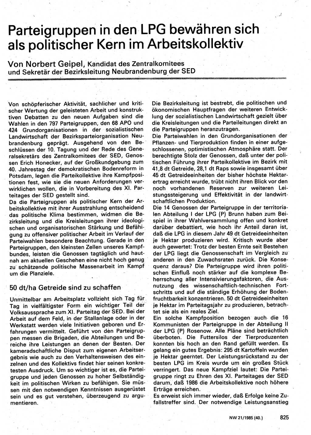 Neuer Weg (NW), Organ des Zentralkomitees (ZK) der SED (Sozialistische Einheitspartei Deutschlands) für Fragen des Parteilebens, 40. Jahrgang [Deutsche Demokratische Republik (DDR)] 1985, Seite 825 (NW ZK SED DDR 1985, S. 825)