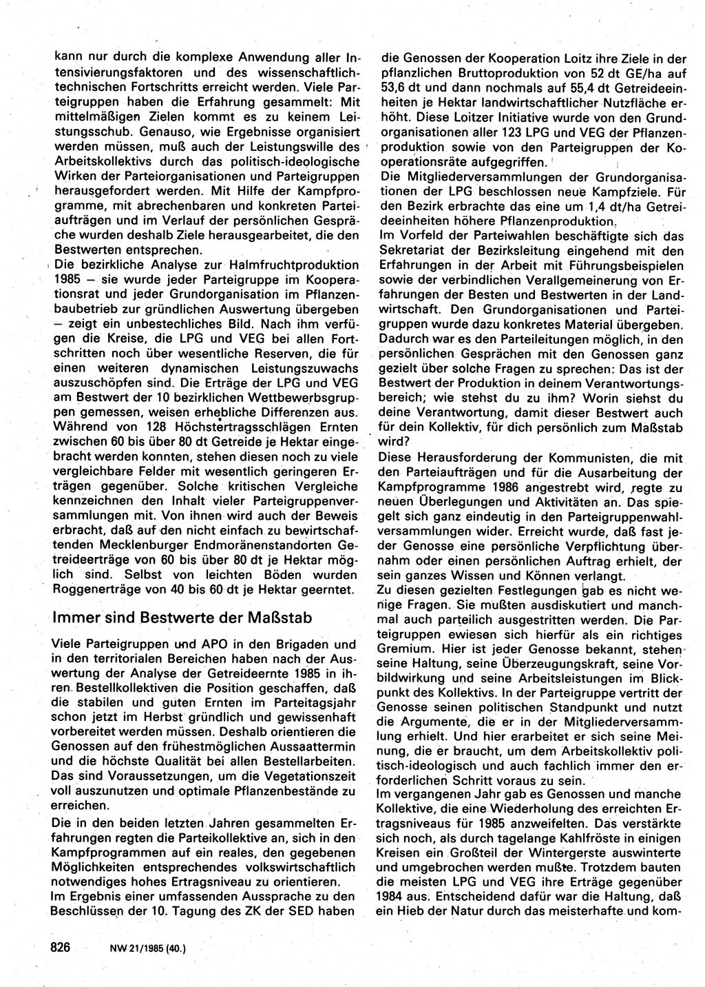 Neuer Weg (NW), Organ des Zentralkomitees (ZK) der SED (Sozialistische Einheitspartei Deutschlands) für Fragen des Parteilebens, 40. Jahrgang [Deutsche Demokratische Republik (DDR)] 1985, Seite 826 (NW ZK SED DDR 1985, S. 826)
