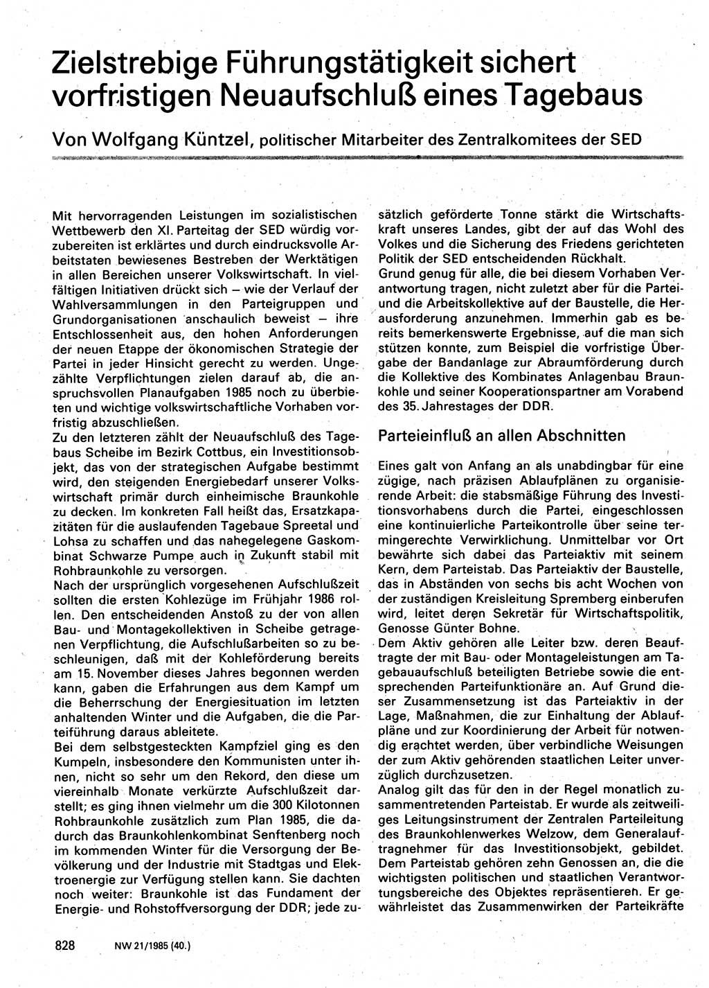 Neuer Weg (NW), Organ des Zentralkomitees (ZK) der SED (Sozialistische Einheitspartei Deutschlands) für Fragen des Parteilebens, 40. Jahrgang [Deutsche Demokratische Republik (DDR)] 1985, Seite 828 (NW ZK SED DDR 1985, S. 828)