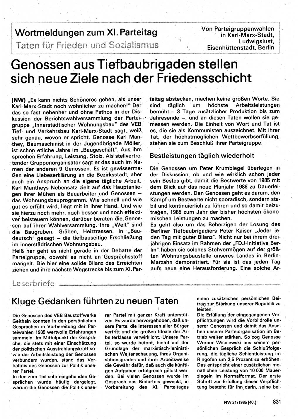 Neuer Weg (NW), Organ des Zentralkomitees (ZK) der SED (Sozialistische Einheitspartei Deutschlands) für Fragen des Parteilebens, 40. Jahrgang [Deutsche Demokratische Republik (DDR)] 1985, Seite 831 (NW ZK SED DDR 1985, S. 831)