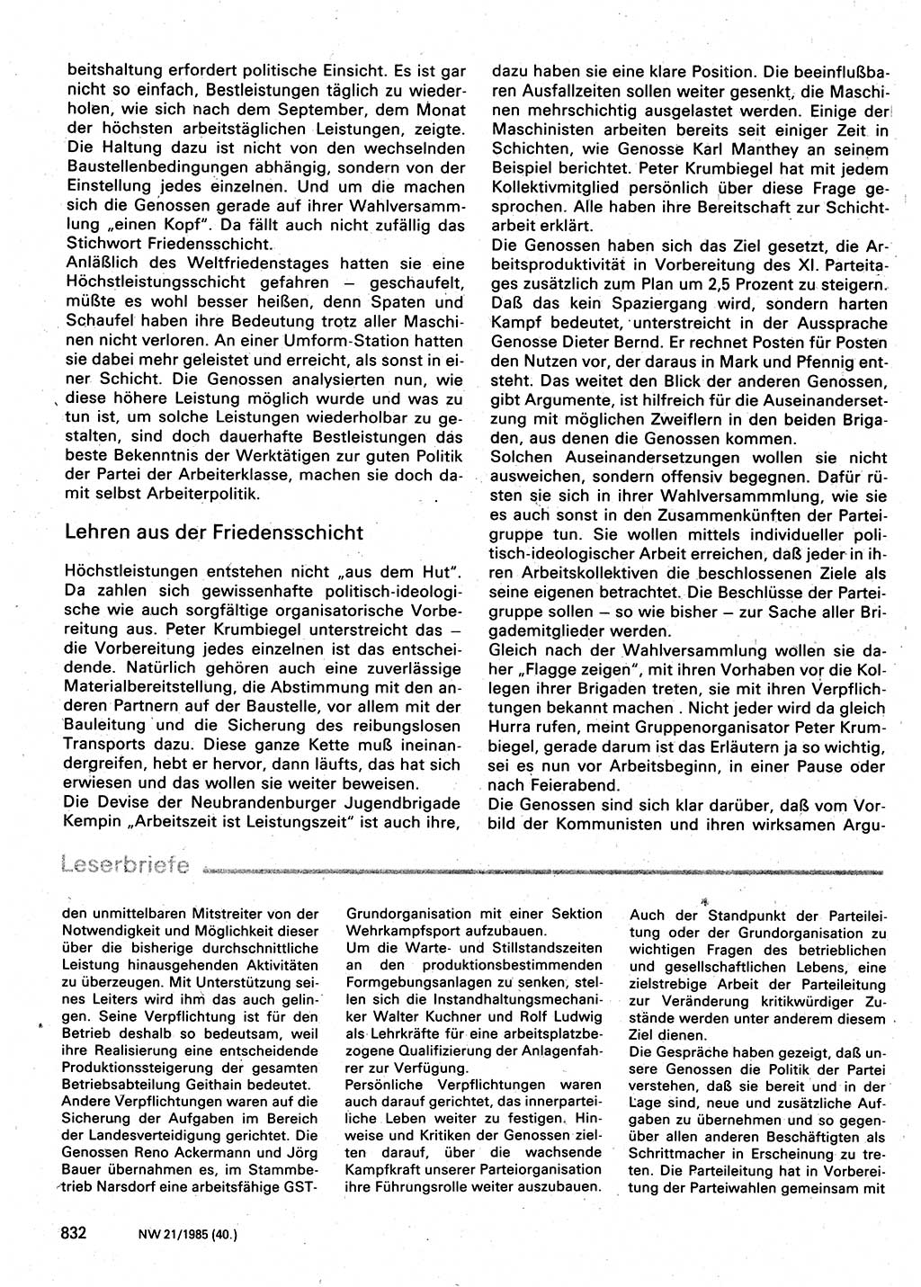 Neuer Weg (NW), Organ des Zentralkomitees (ZK) der SED (Sozialistische Einheitspartei Deutschlands) für Fragen des Parteilebens, 40. Jahrgang [Deutsche Demokratische Republik (DDR)] 1985, Seite 832 (NW ZK SED DDR 1985, S. 832)