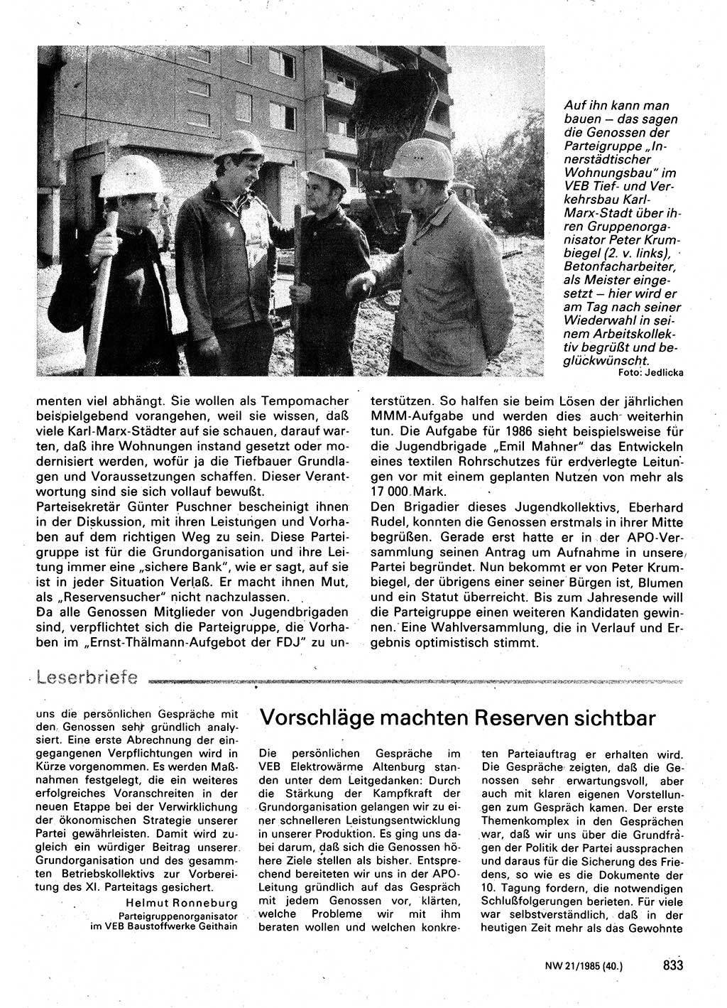 Neuer Weg (NW), Organ des Zentralkomitees (ZK) der SED (Sozialistische Einheitspartei Deutschlands) für Fragen des Parteilebens, 40. Jahrgang [Deutsche Demokratische Republik (DDR)] 1985, Seite 833 (NW ZK SED DDR 1985, S. 833)