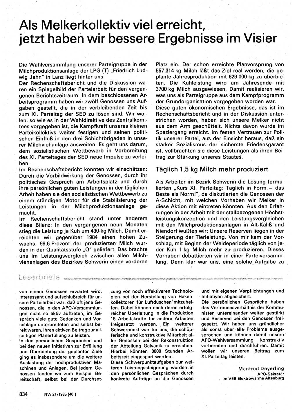 Neuer Weg (NW), Organ des Zentralkomitees (ZK) der SED (Sozialistische Einheitspartei Deutschlands) für Fragen des Parteilebens, 40. Jahrgang [Deutsche Demokratische Republik (DDR)] 1985, Seite 834 (NW ZK SED DDR 1985, S. 834)