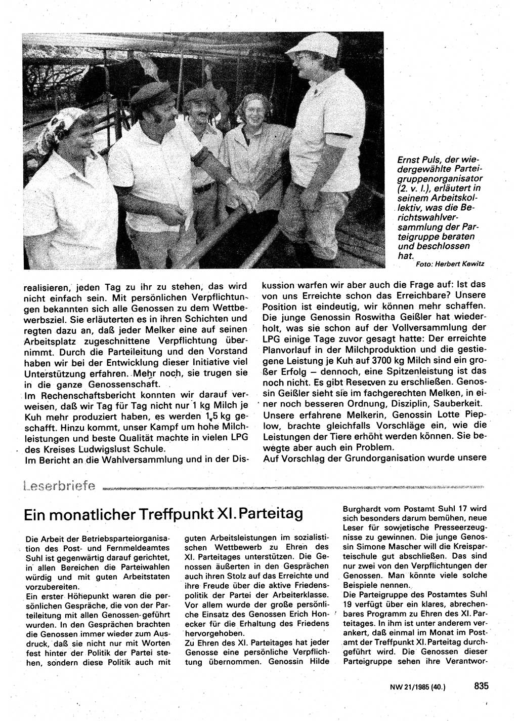 Neuer Weg (NW), Organ des Zentralkomitees (ZK) der SED (Sozialistische Einheitspartei Deutschlands) für Fragen des Parteilebens, 40. Jahrgang [Deutsche Demokratische Republik (DDR)] 1985, Seite 835 (NW ZK SED DDR 1985, S. 835)